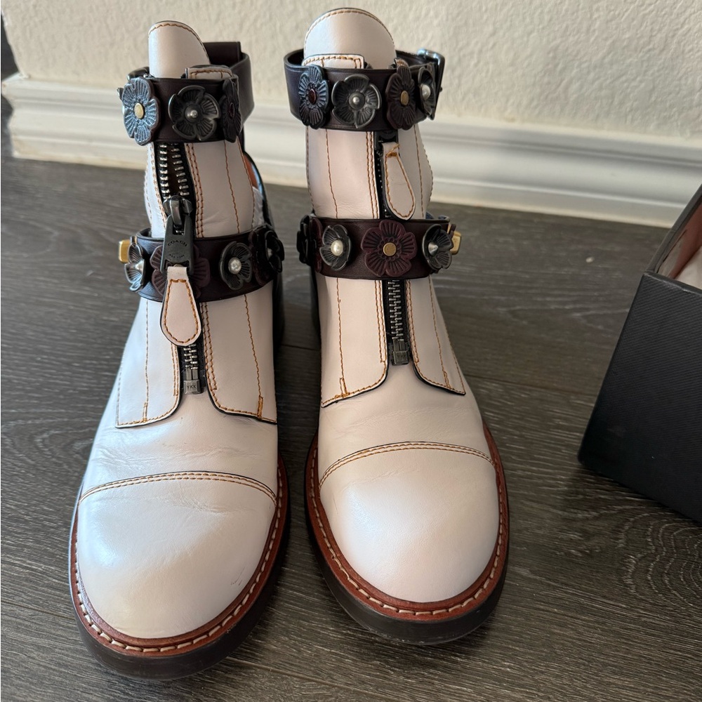 Coach Cream and Brown Leather Moto Cut out bootie